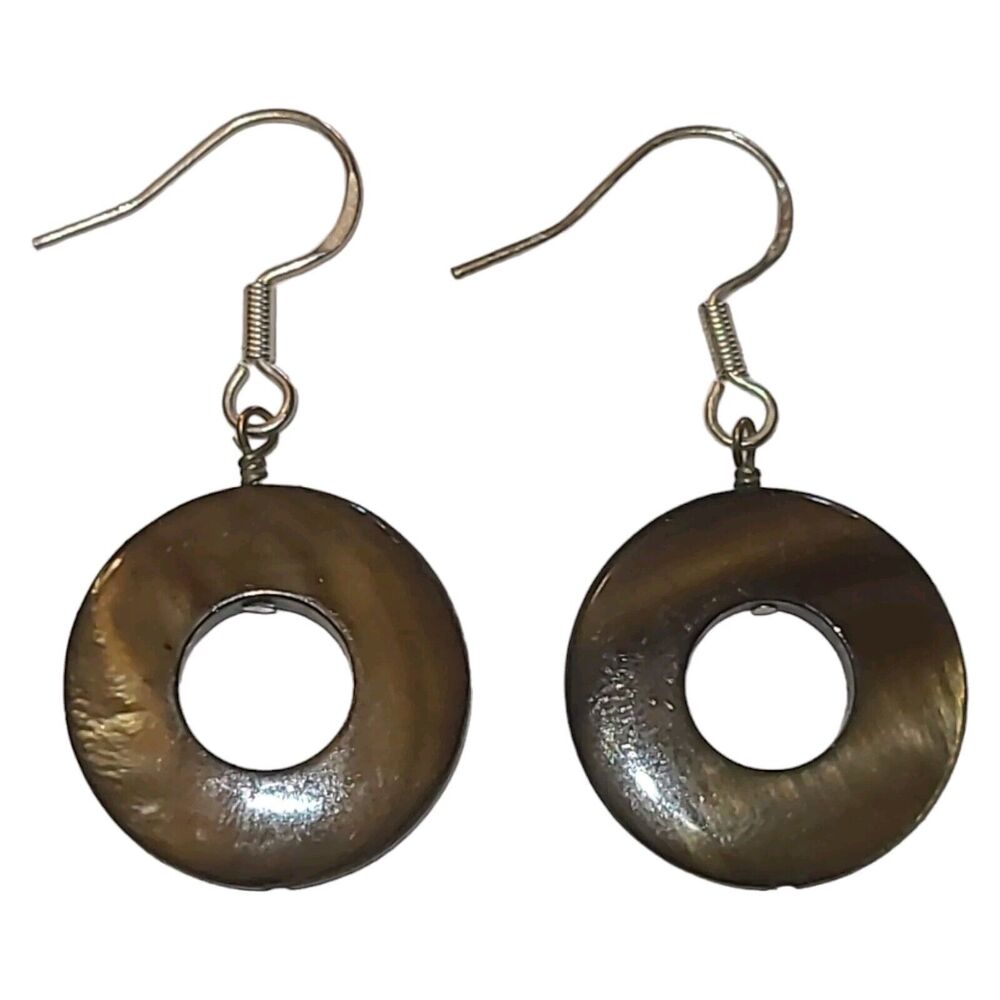 Vintage Sterling Silver Abalone Mother Pearl Hoop Dangle Earrings